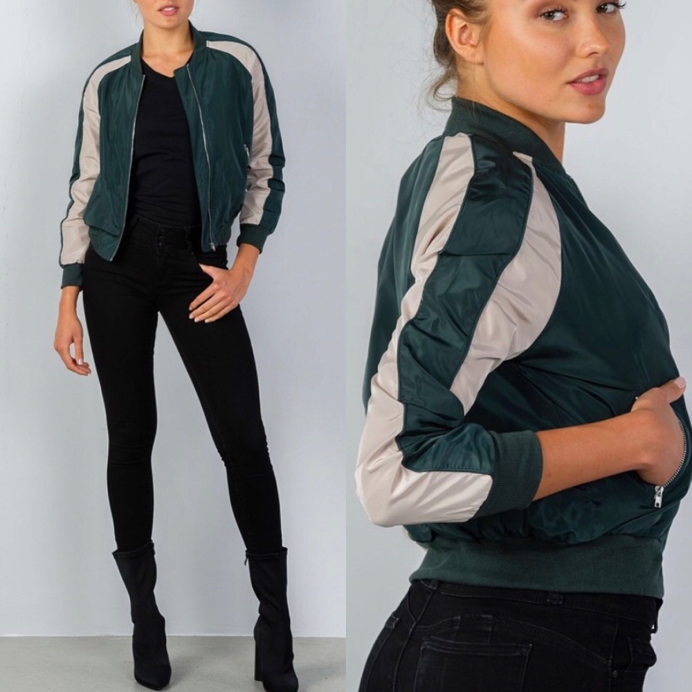 Hunter Green Stripe-Sleeve Bomber